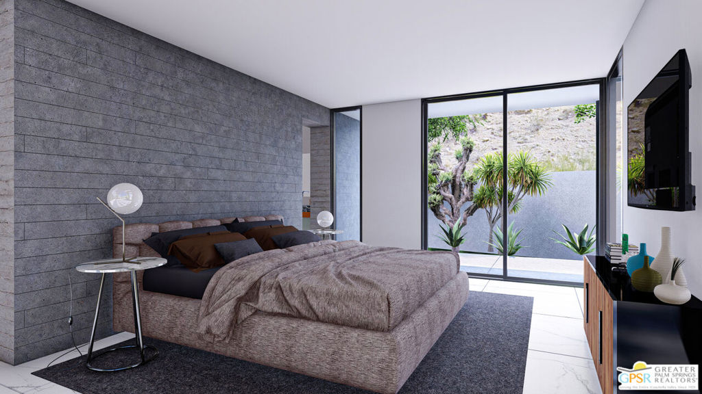 Staged modern bedroom with a large bed, concrete accent wall, and floor-to-ceiling glass doors.