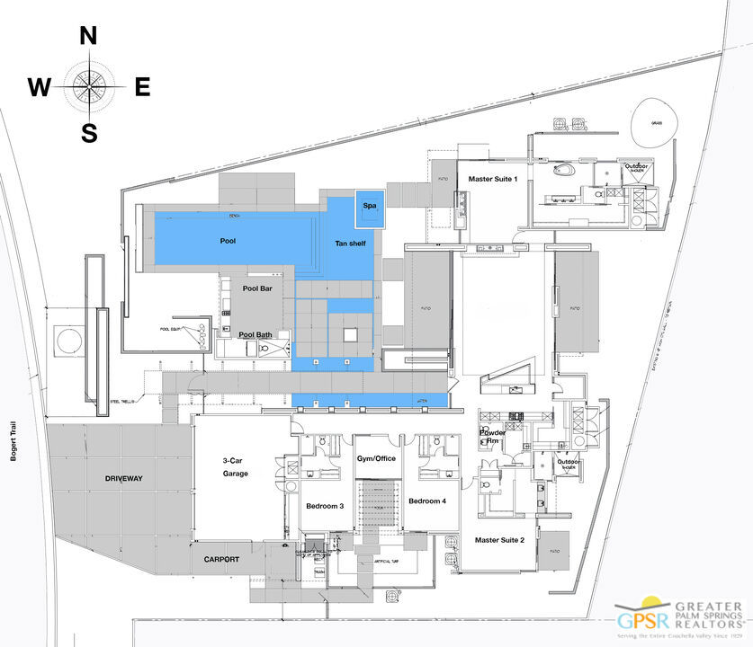 Floor plan showing labeled rooms and a blue-highlighted pool, spa, and tanning shelf.