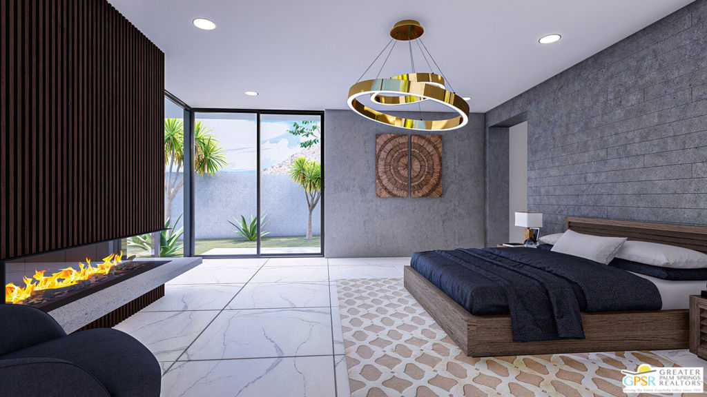 Modern bedroom with a linear fireplace, platform bed, and sliding glass doors to a courtyard.