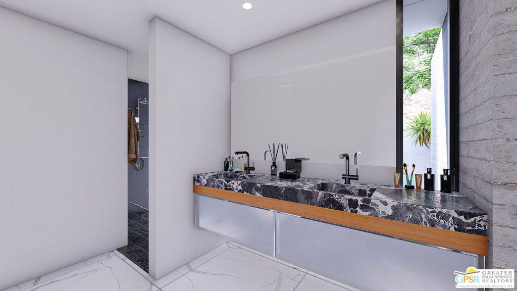 Modern bathroom vanity with a veined stone counter, two black faucets, and a tall window.