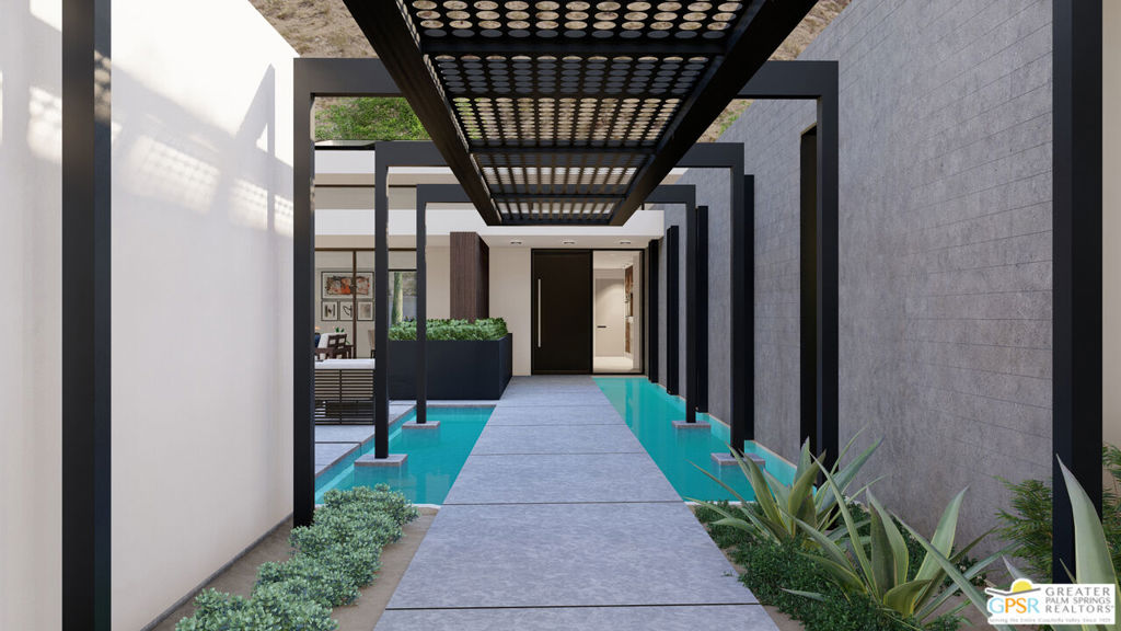 Modern home entrance with a concrete walkway over turquoise reflecting pools beneath a perforated canopy.