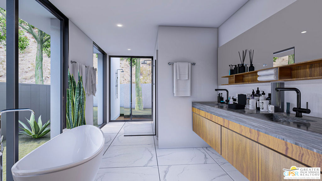Modern bathroom with a freestanding tub, glass shower, and long wood vanity.