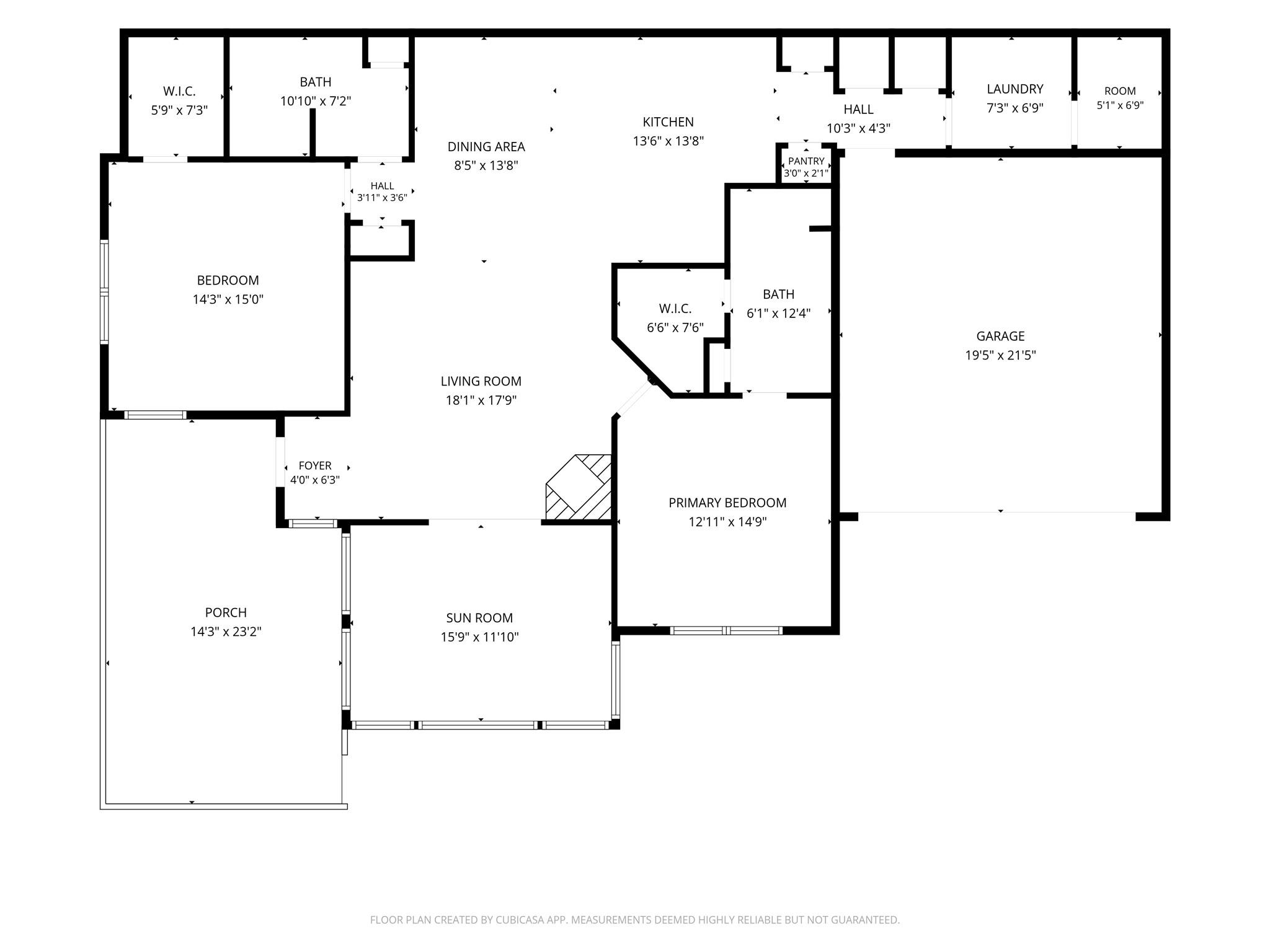Floor plan showing two bedrooms, living and dining areas, kitchen, sun room, porch, and attached garage.