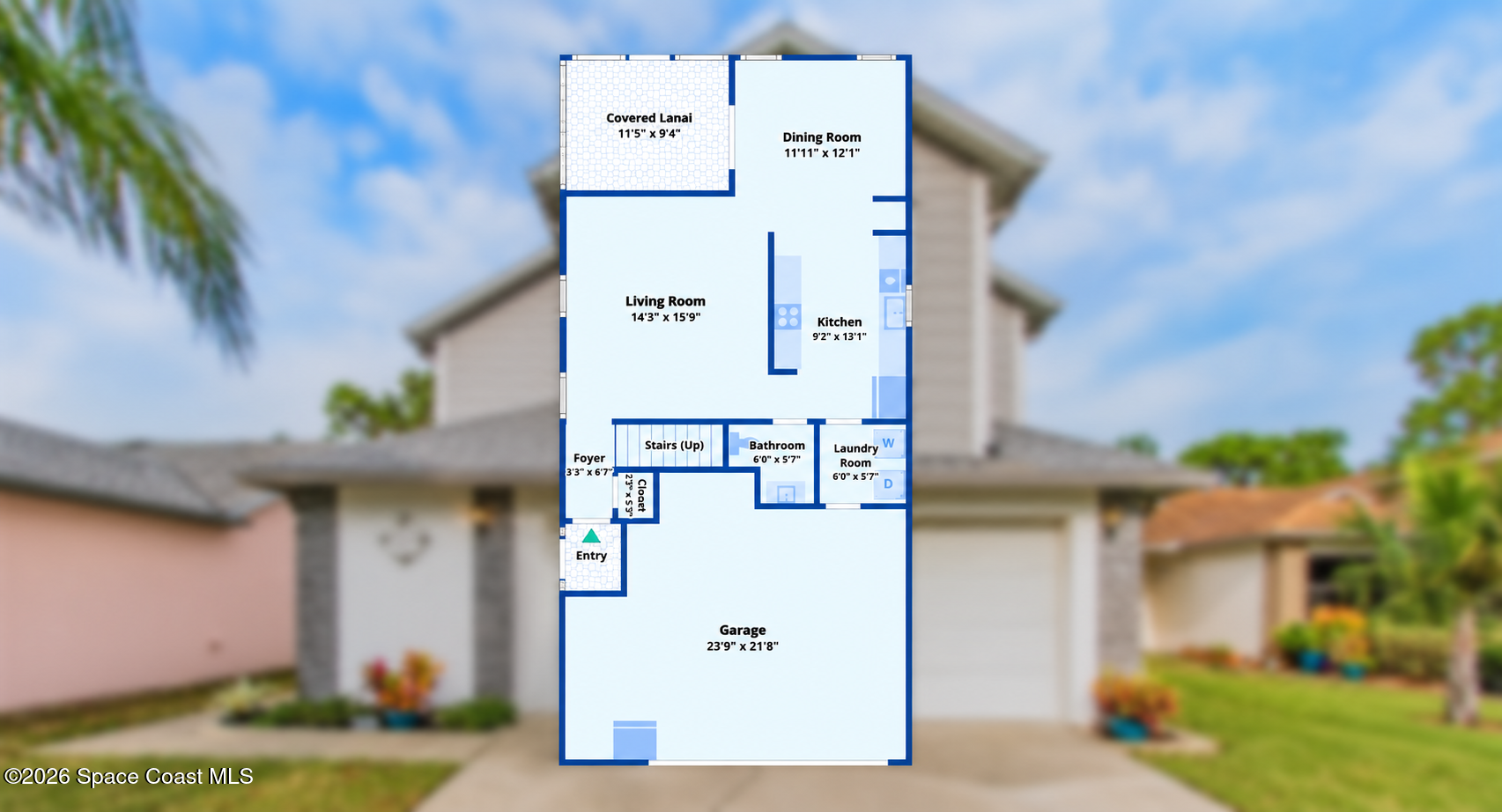 First-floor layout showing living room, dining room, kitchen, garage, and covered lanai.