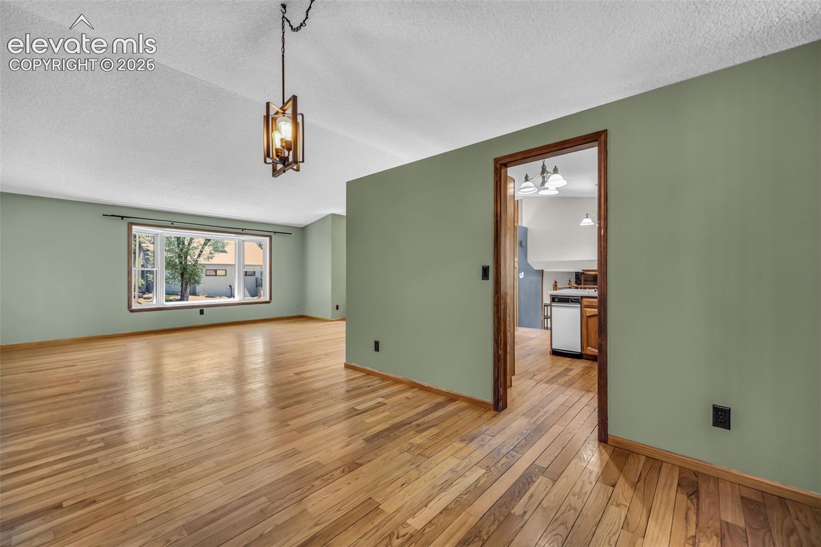 Empty living room with hardwood floors, sage-green walls, and a doorway to the kitchen.