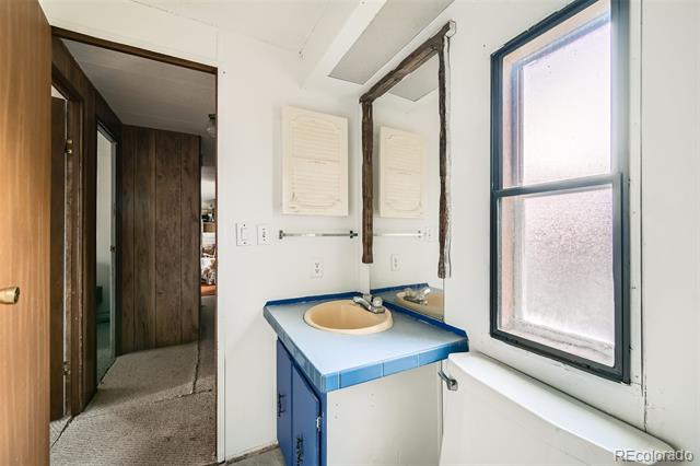 Small bathroom with a blue-trimmed vanity, oval sink, and frosted window beside a carpeted hallway.