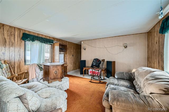 Living room with wood-paneled walls, orange carpet, two sofas, and a rocking chair.