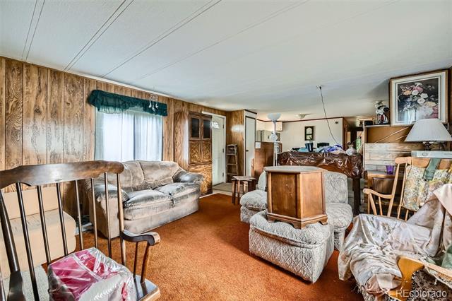 Furnished living room with wood-paneled walls, orange carpet, and several seating areas.