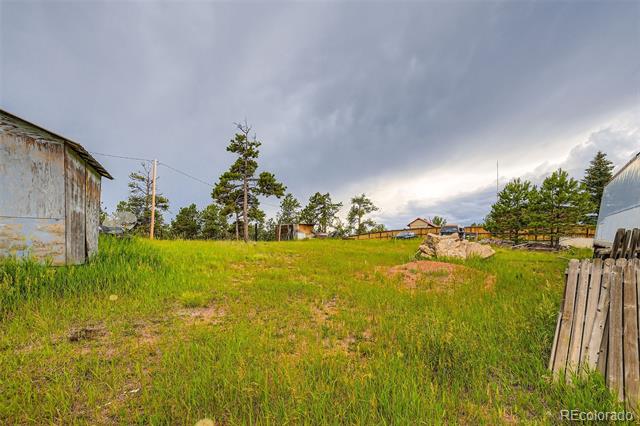 Grassy rural lot with mature trees, a rocky patch, and weathered outbuildings.