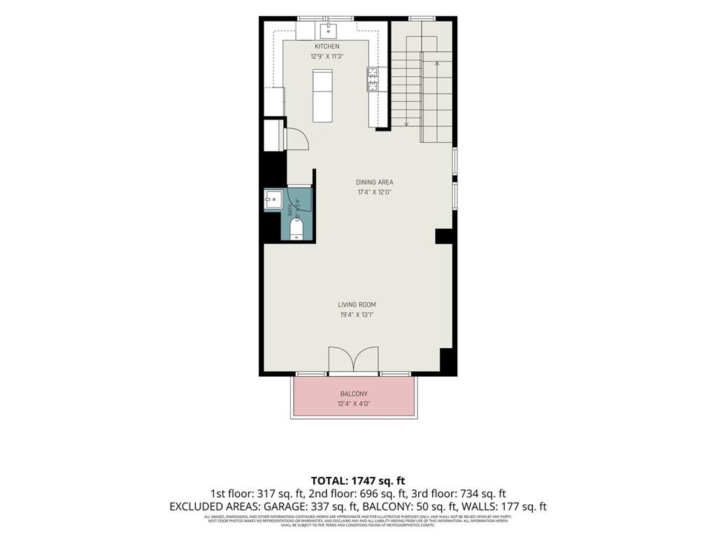Floor plan with kitchen, dining and living areas, bathroom, stairs, and a balcony; total area 1,747 square feet.