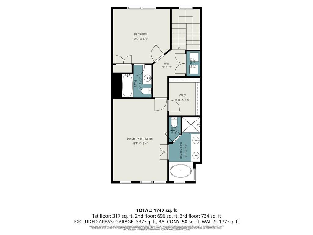 Floor plan showing two bedrooms, a walk-in closet, hall, and bathrooms.