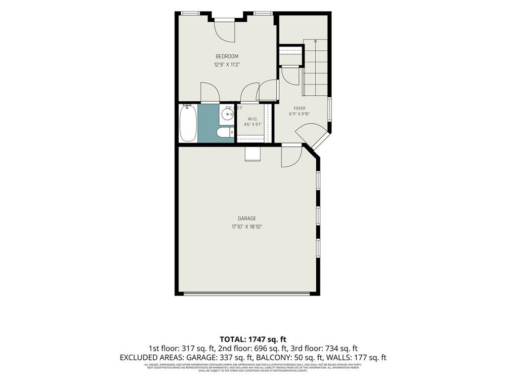 Floor plan showing a bedroom, bathroom, foyer, and garage, with room dimensions and total square footage.