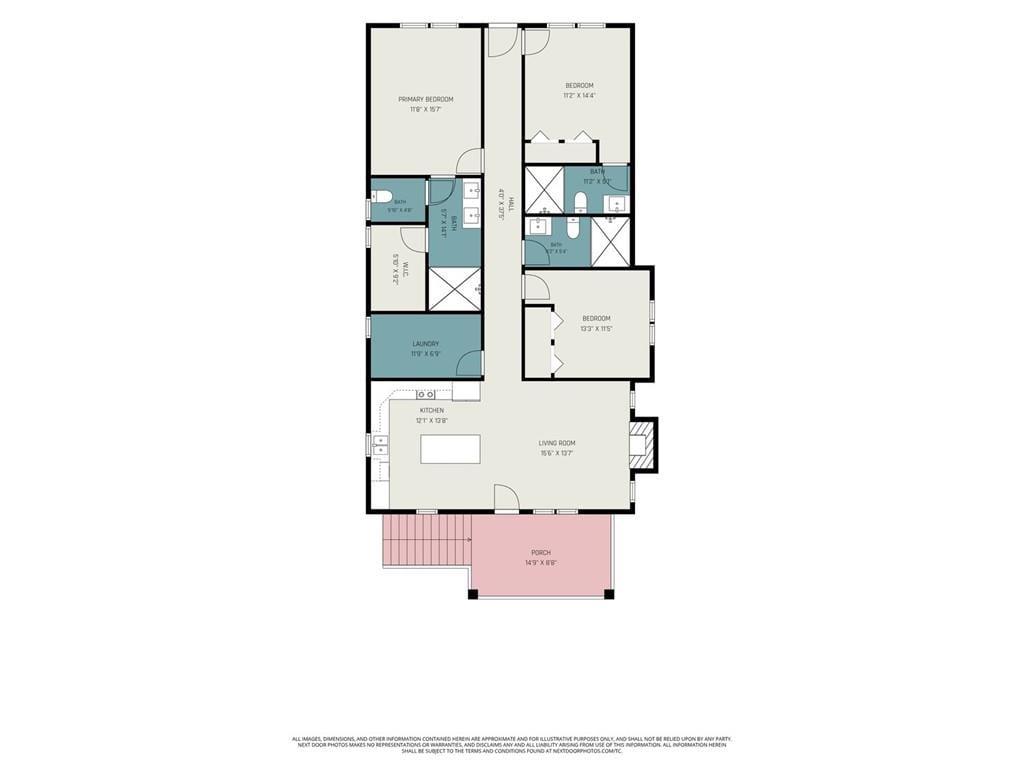 Floor plan showing three bedrooms, bathrooms, laundry, kitchen, living room, and porch.