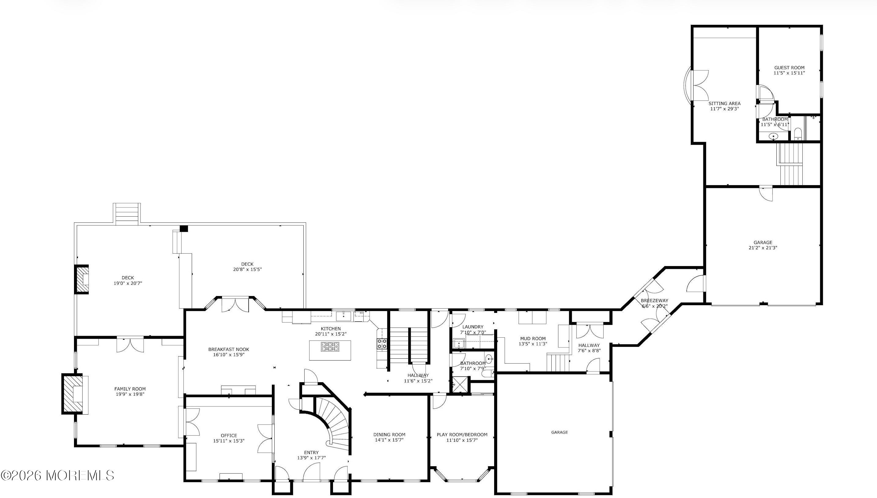 Floor plan showing the home’s rooms, two decks, and garage.
