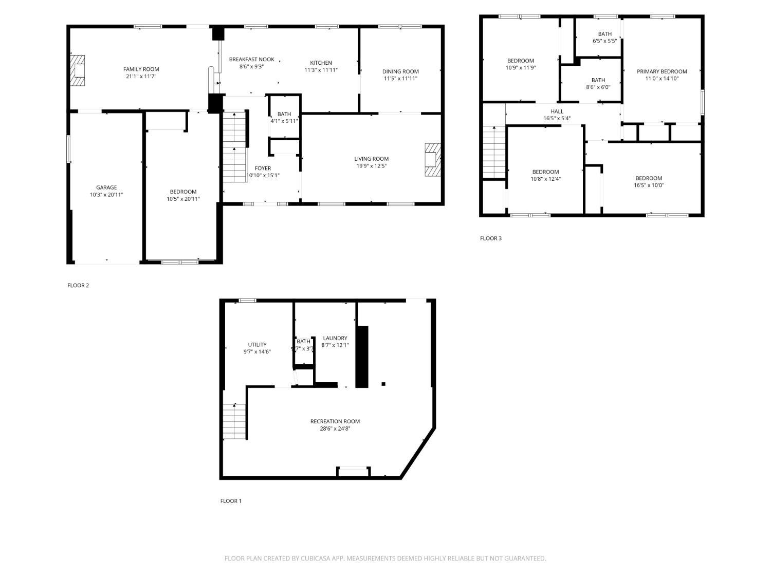 Three-level floor plan with labeled rooms and measurements, including a large recreation room.