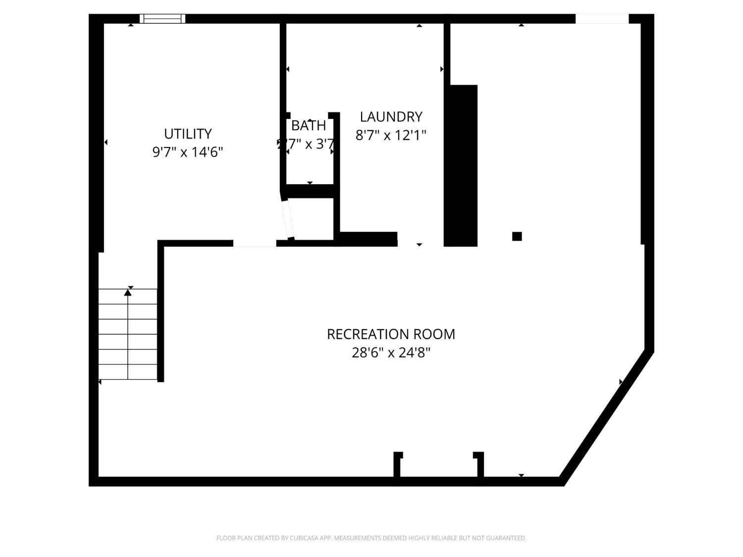 Lower-level floor plan with a large recreation room, utility room, laundry room, bathroom, and stairs.