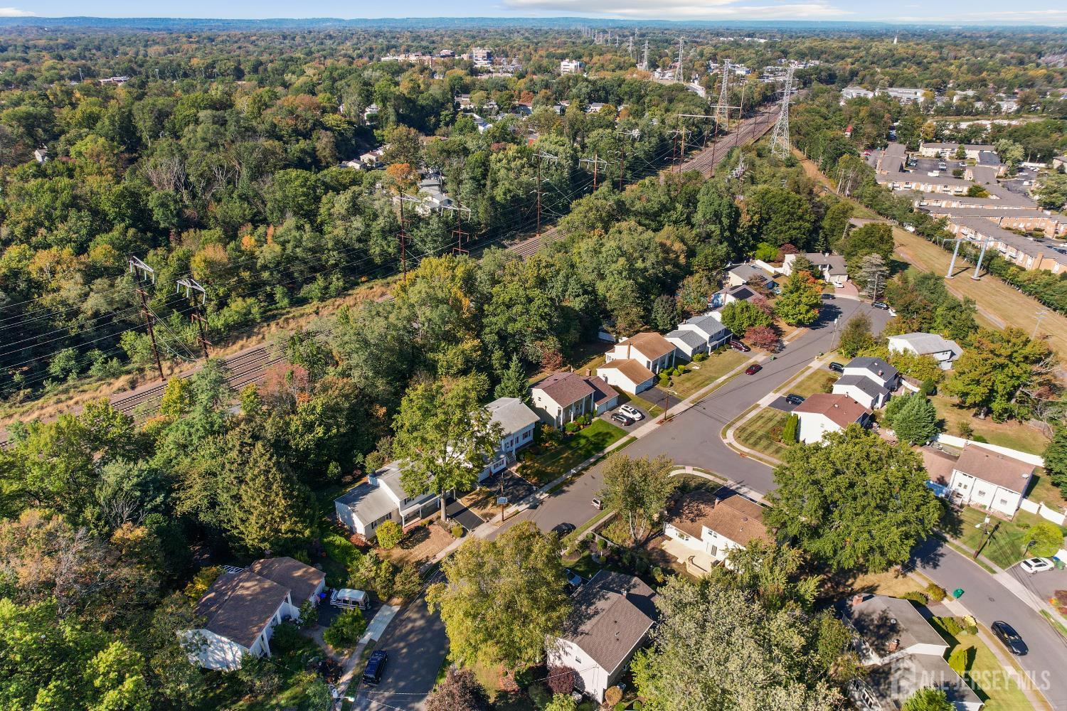 Aerial view of homes beside a wooded rail corridor with utility lines.