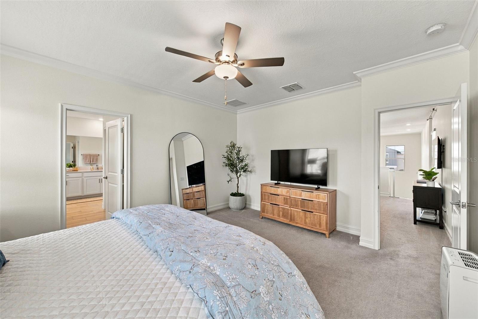 Bedroom with a ceiling fan, television, wooden dresser, and adjoining bathroom doorway.
