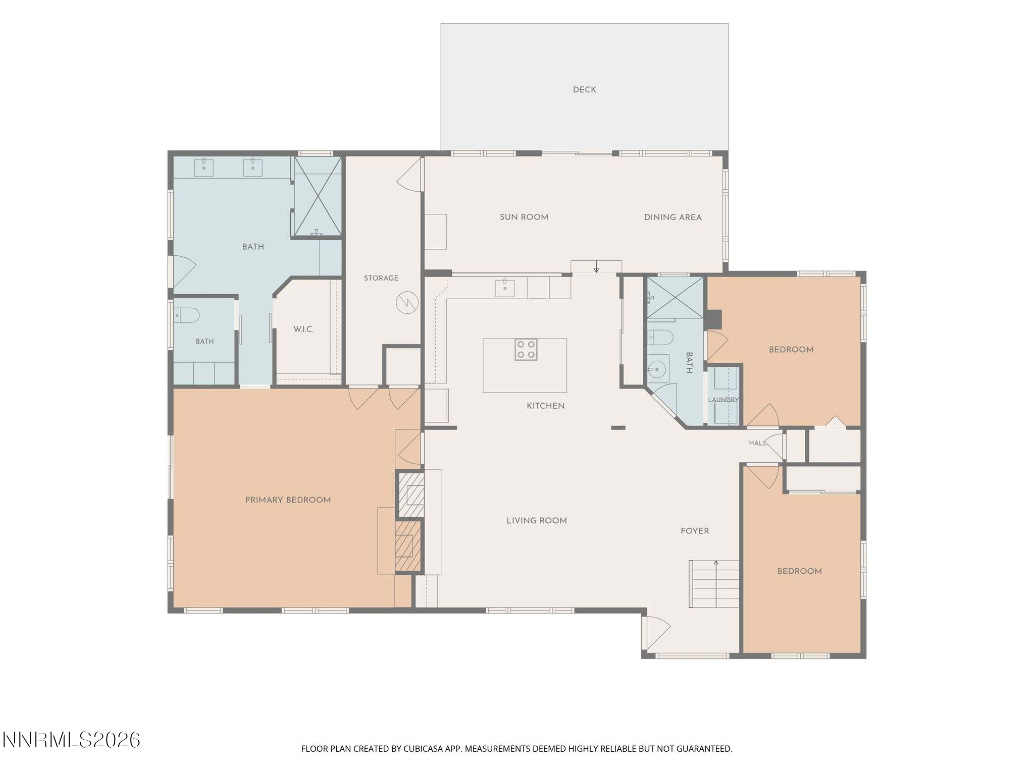 Floor plan showing three bedrooms, two bathrooms, a sunroom, dining area, and deck.