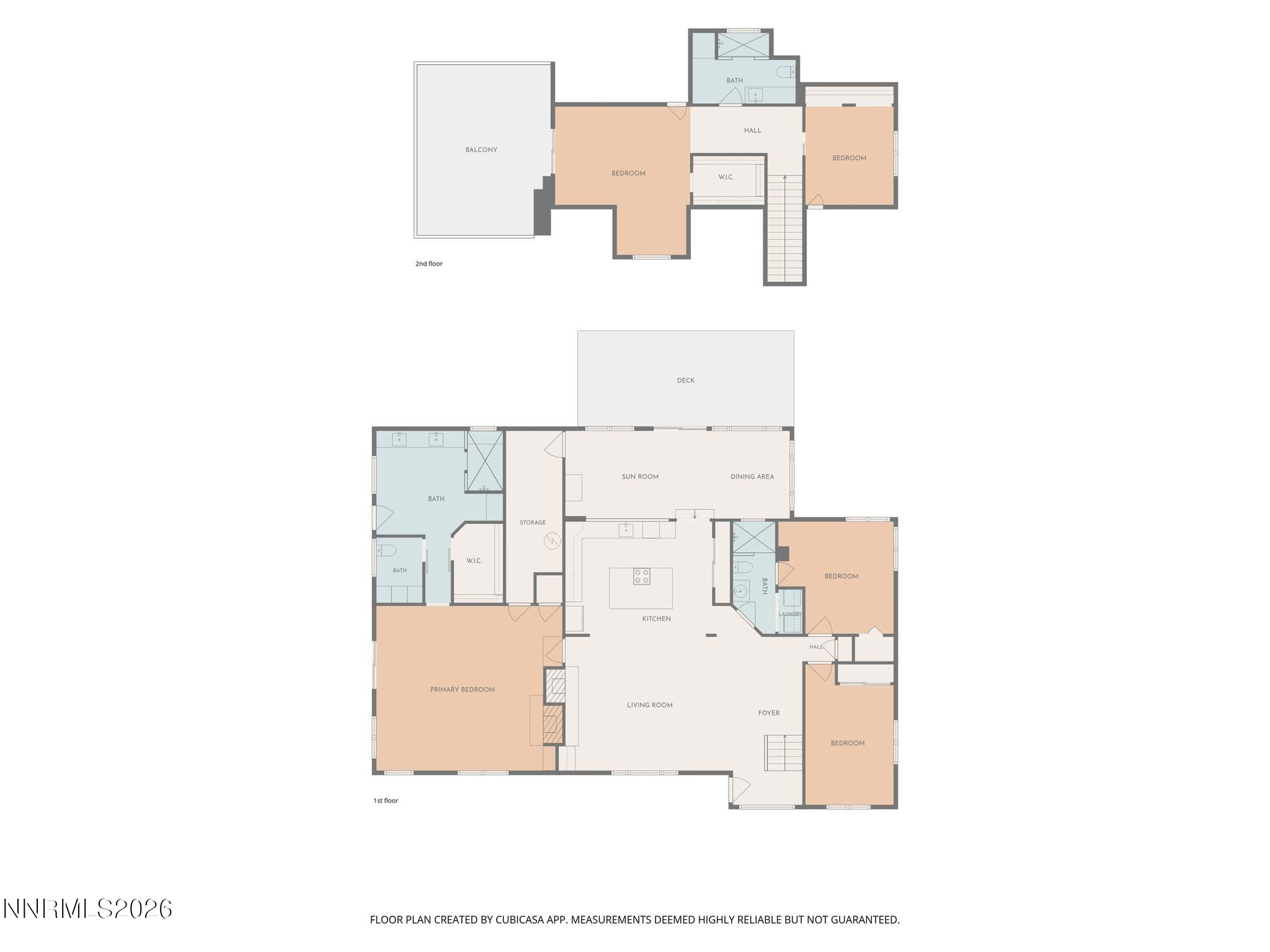 Two-story home floor plan with four bedrooms, multiple bathrooms, a sun room, deck, and balcony.