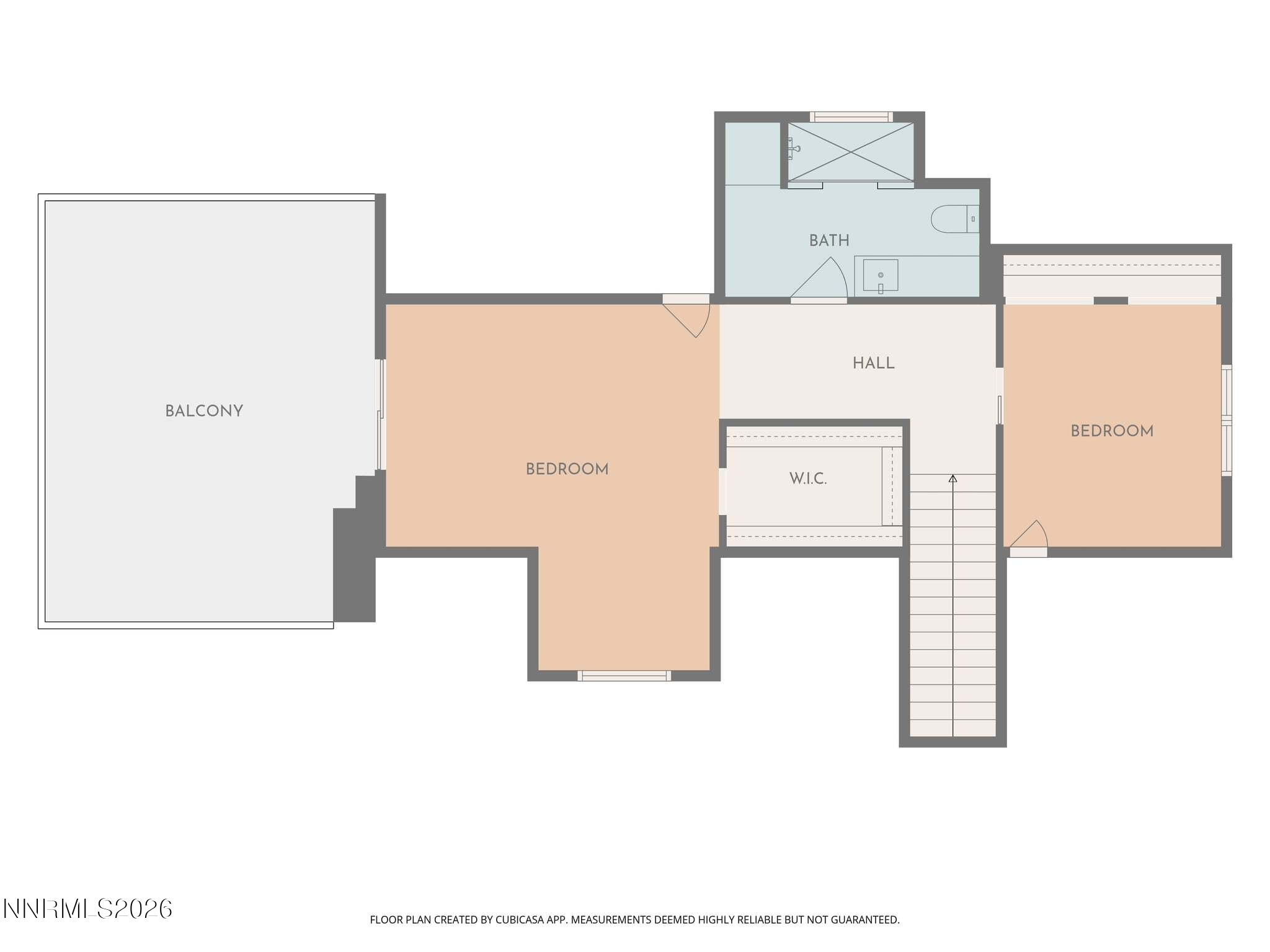 Floor plan with two bedrooms, a bathroom, hall, walk-in closet, balcony, and stairs.