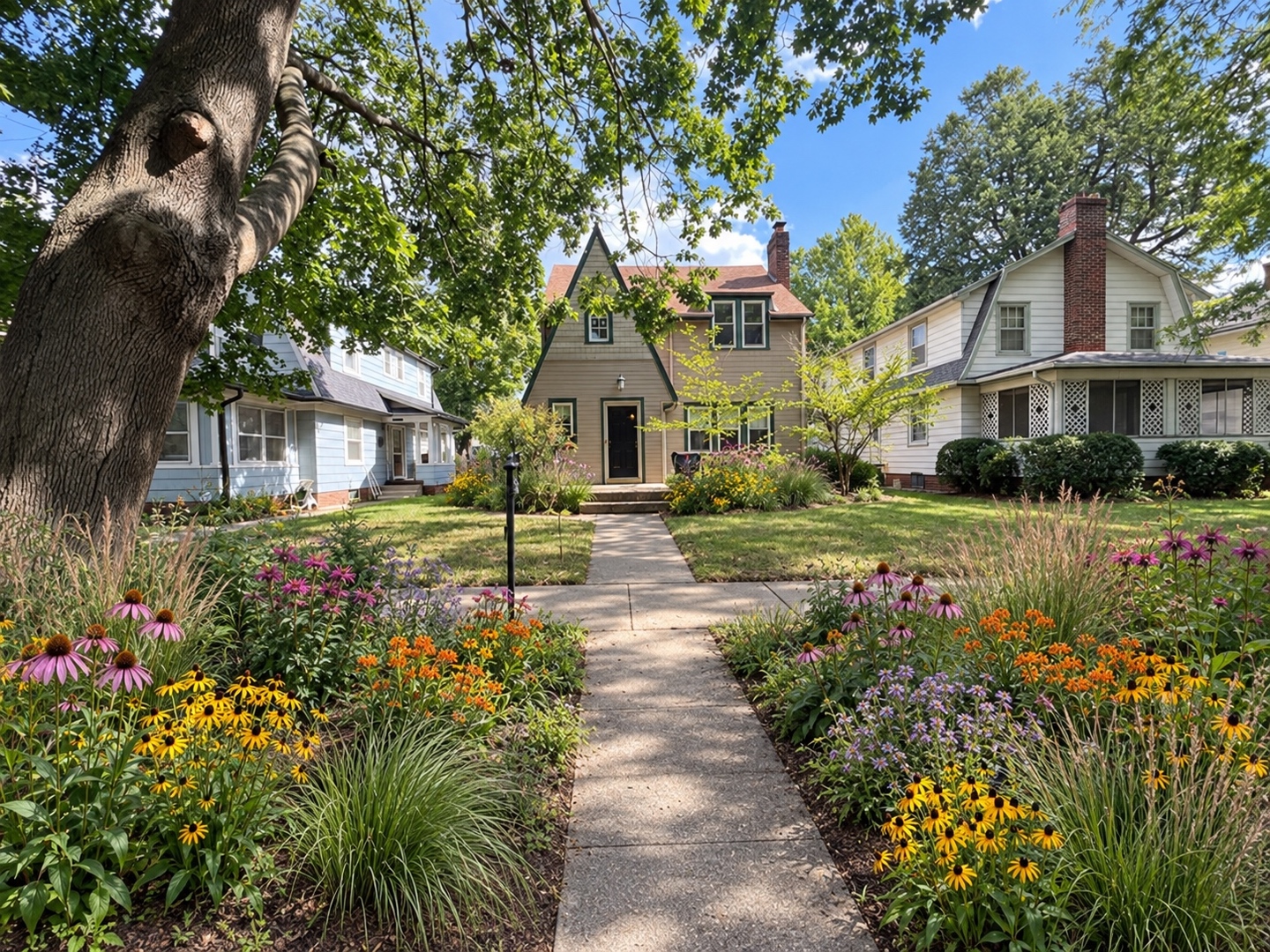 Three Rockford homes framed by leafy trees and colorful front gardens along a concrete walkway.