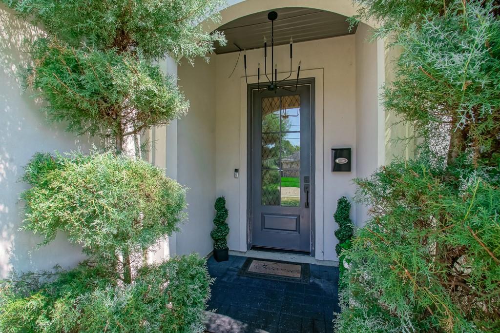 Home entrance with a dark glass-paneled door framed by dense shrubs and potted topiary.