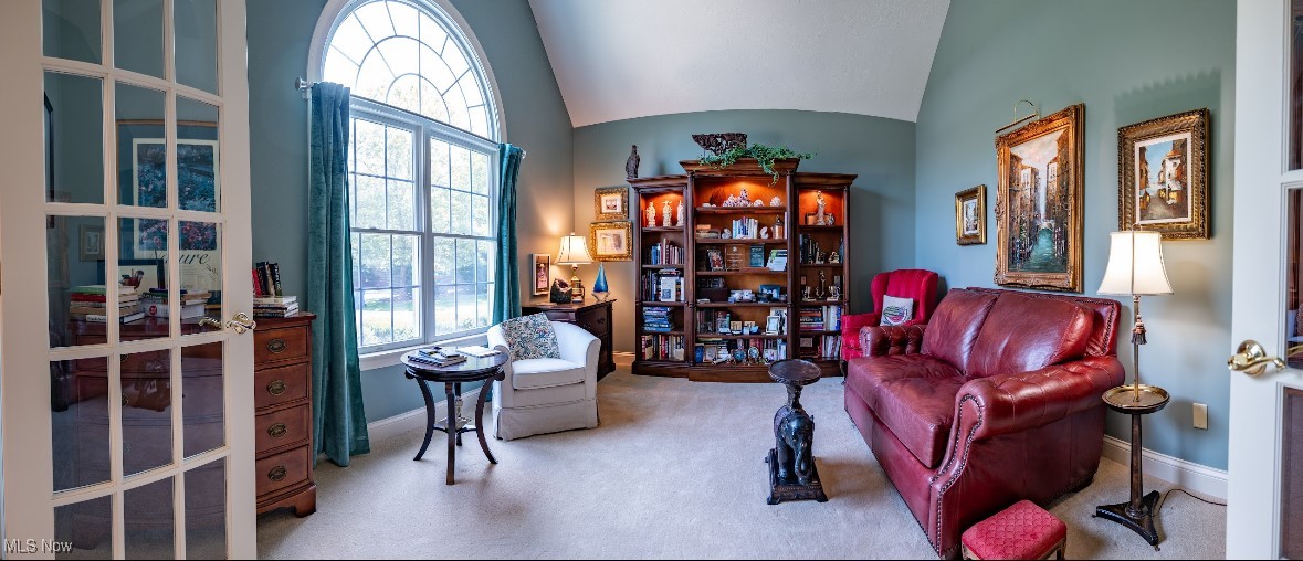 Living room with a vaulted ceiling, arched window, built-in bookcases, and red leather sofa.