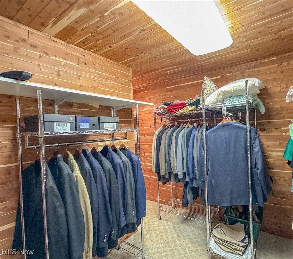 Cedar-paneled walk-in closet with garment racks full of jackets and clothing.