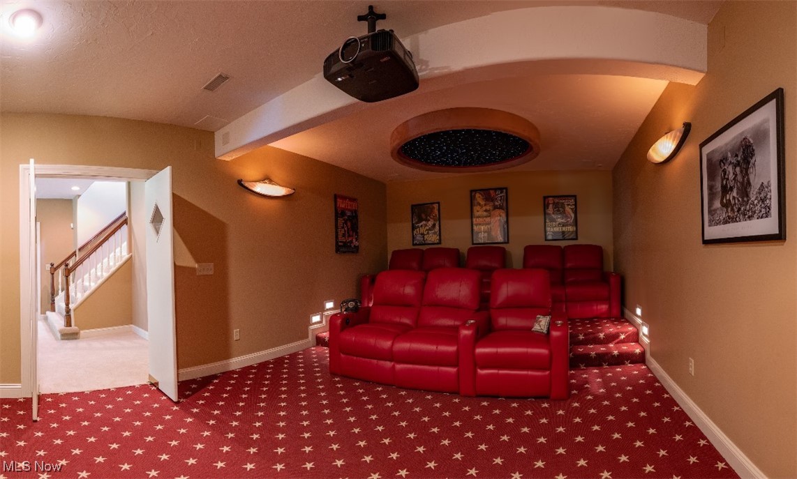 Home theater with red leather recliners, star-patterned carpet, and a ceiling-mounted projector.