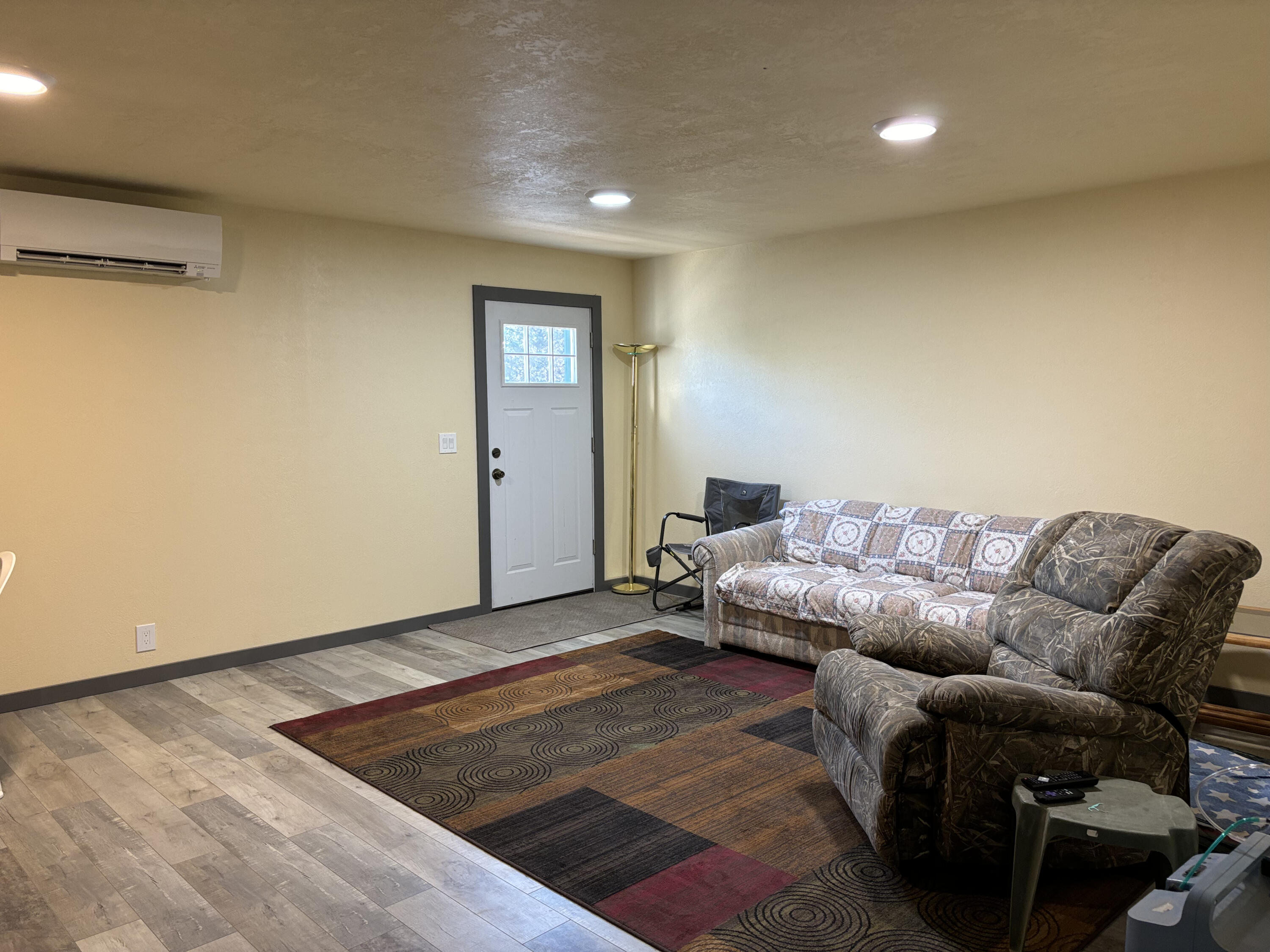 Living room with a patterned sofa and recliner beside a white exterior door and large multicolored rug.