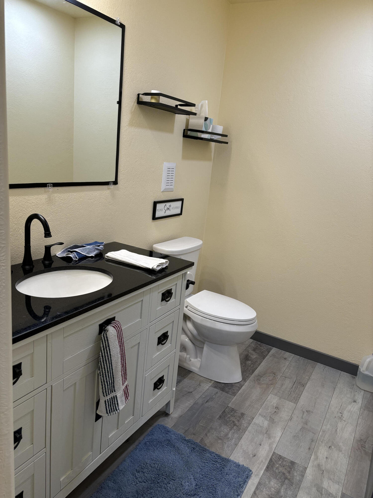 Bathroom with a white paneled vanity, black countertop, and gray wood-look flooring.