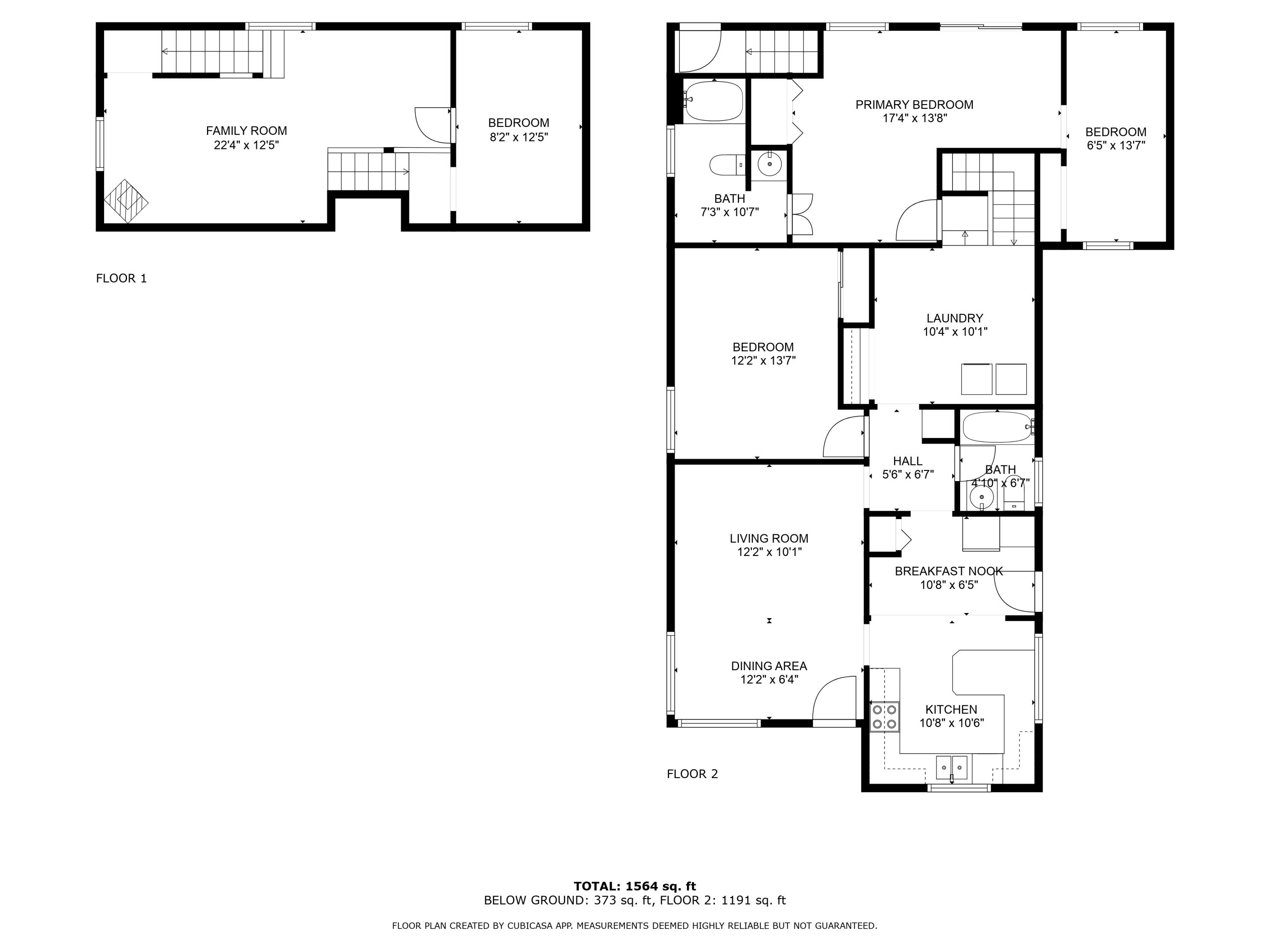 Two-level floor plan with room labels and measurements, totaling 1,564 square feet.