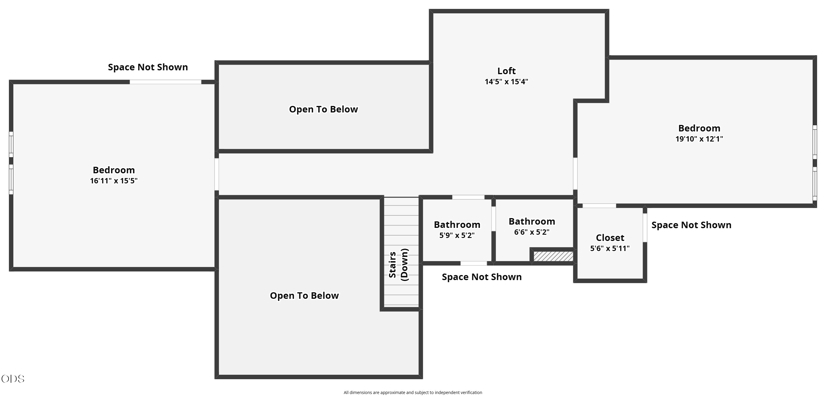 Second-floor plan showing two bedrooms, two bathrooms, a loft, stairs, and open-to-below areas.