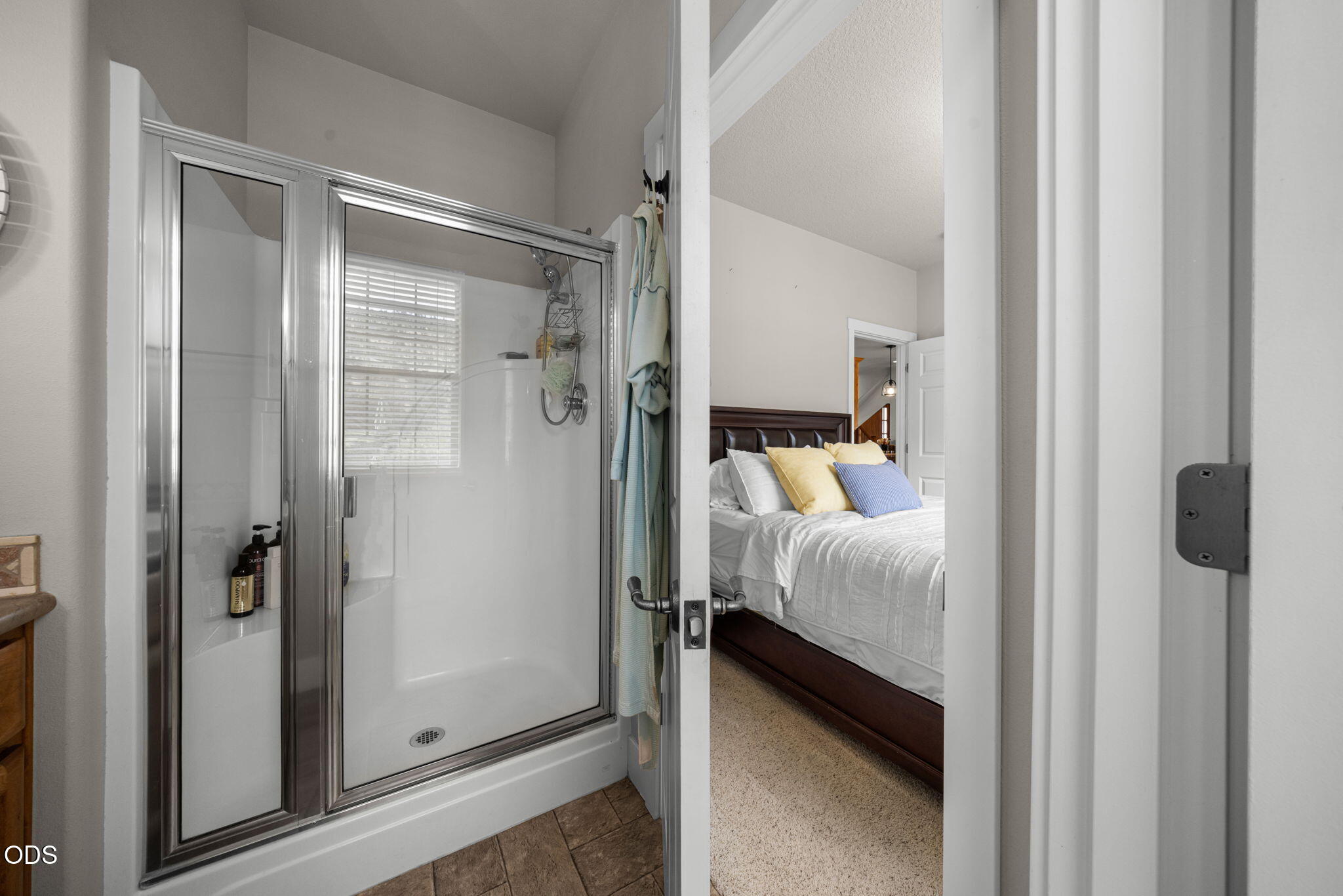 Bathroom with a glass-enclosed shower and a view into a bedroom.