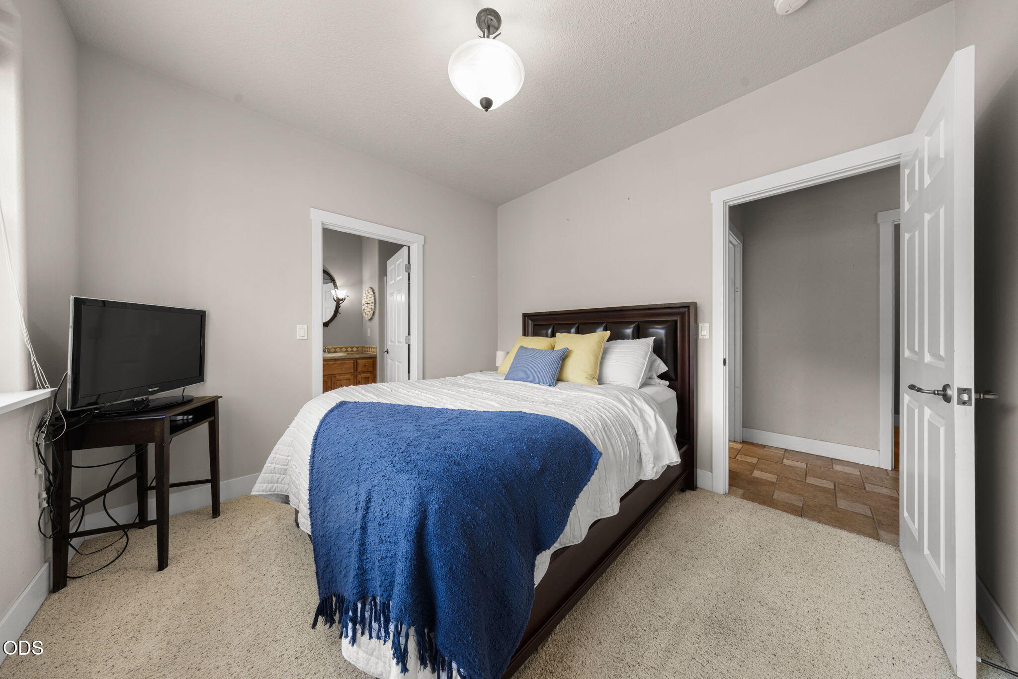 Furnished bedroom with a dark wood bed, blue throw, television, and adjoining tiled hallway.