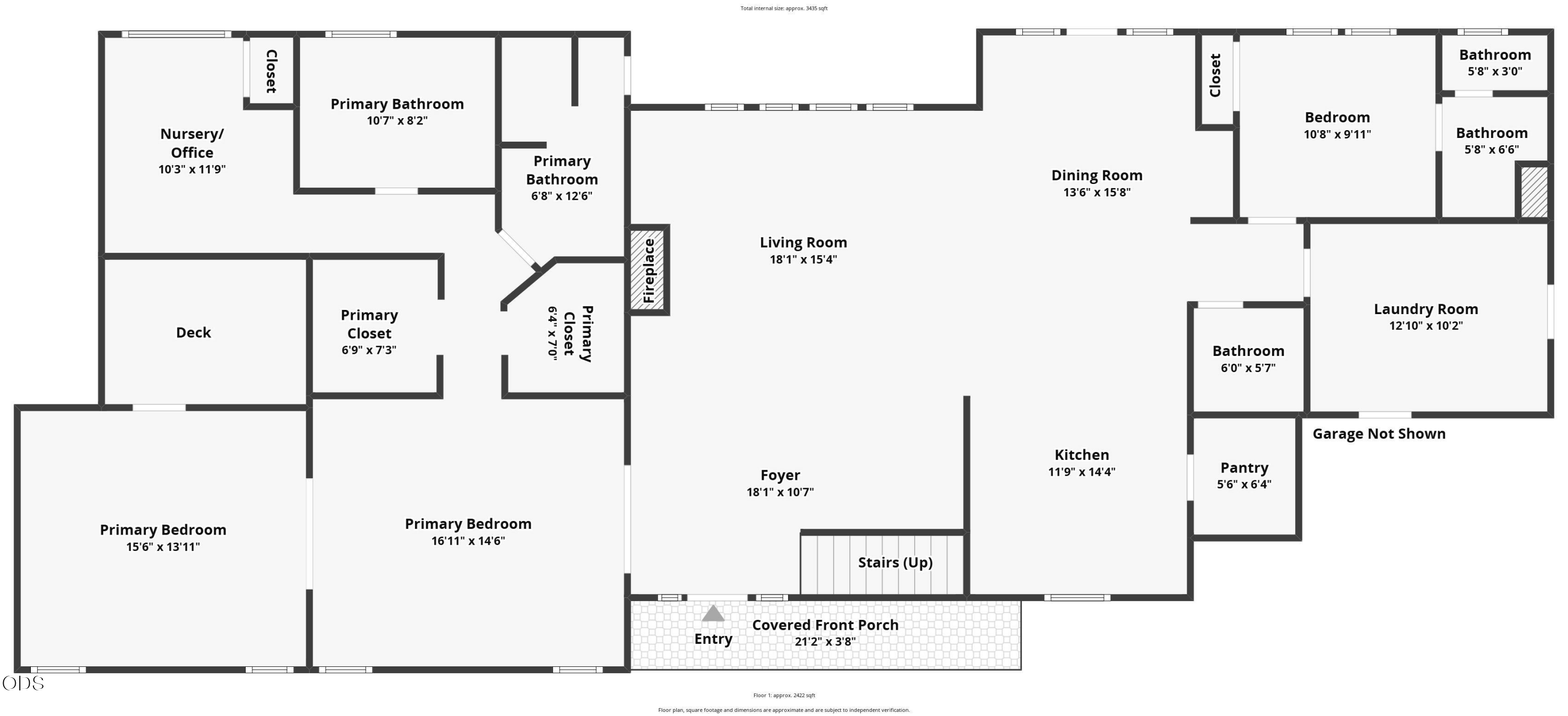 First-floor plan with labeled rooms, dimensions, a deck, covered front porch, and garage marked not shown.