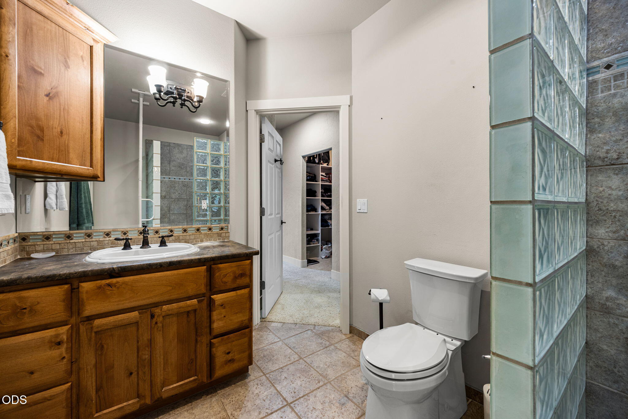 Bathroom with a wood vanity and glass-block shower partition, looking through an open doorway to a shoe closet.