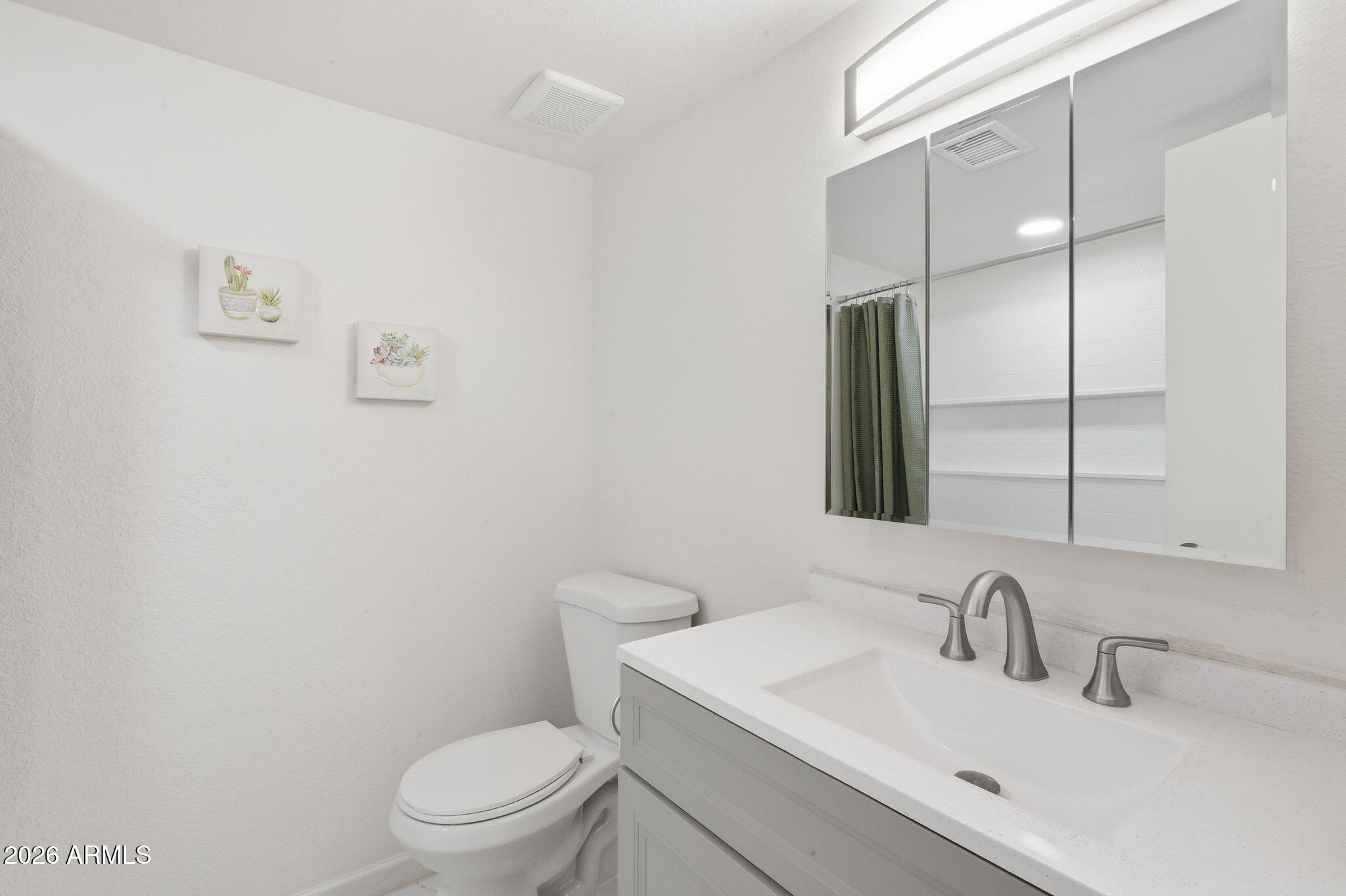 Bright white bathroom with a vanity, mirrored medicine cabinet, toilet, and shower curtain.