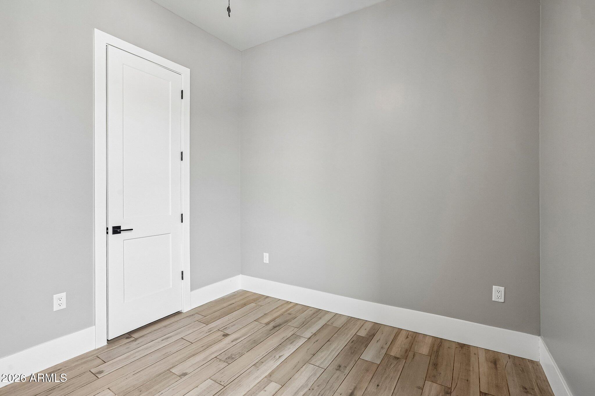 Empty room with gray walls, a white paneled door, and wood-look plank flooring.