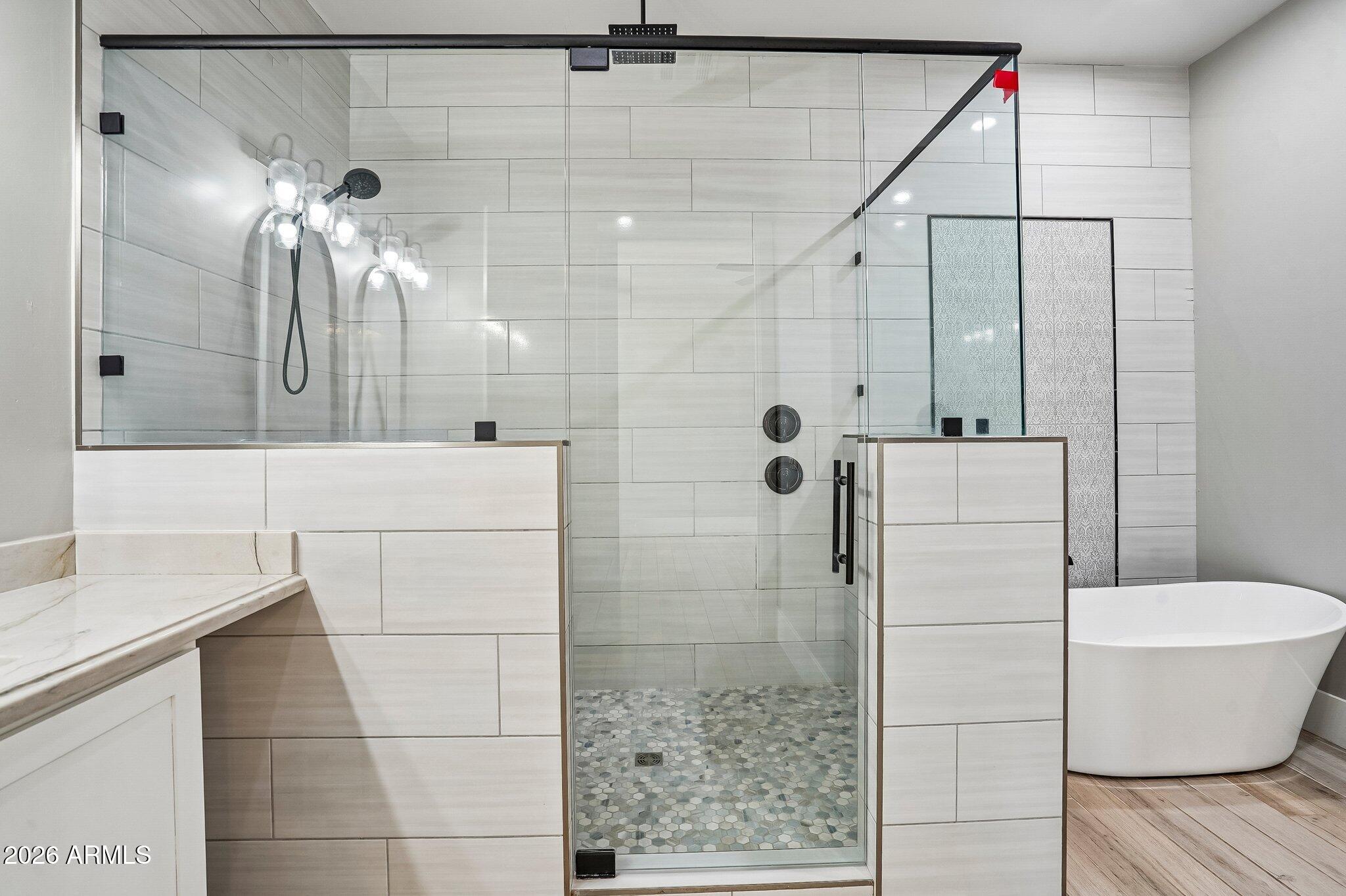 Modern bathroom with a glass walk-in shower and white freestanding tub.