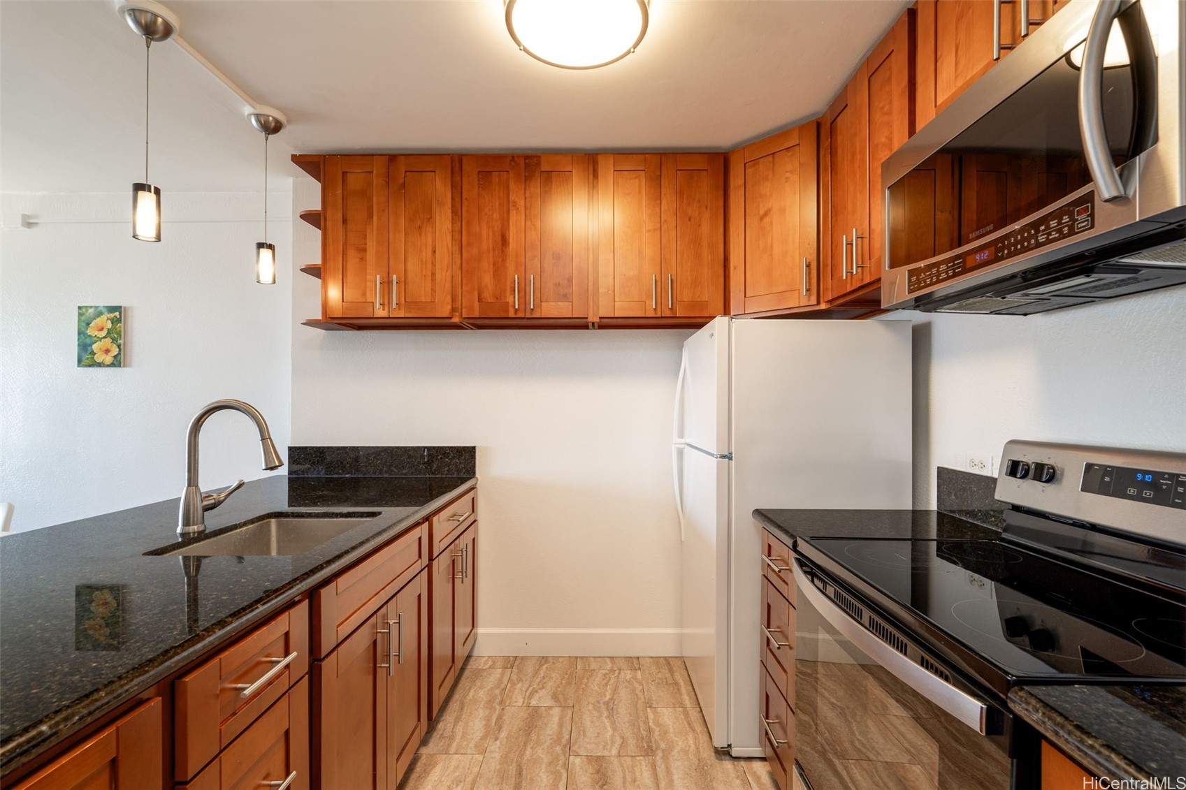 Galley kitchen with warm wood cabinets, dark stone counters, and stainless-steel appliances.