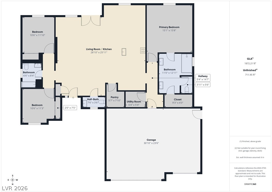 Floor plan with three bedrooms, open living and kitchen area, three bathrooms, and an attached garage.