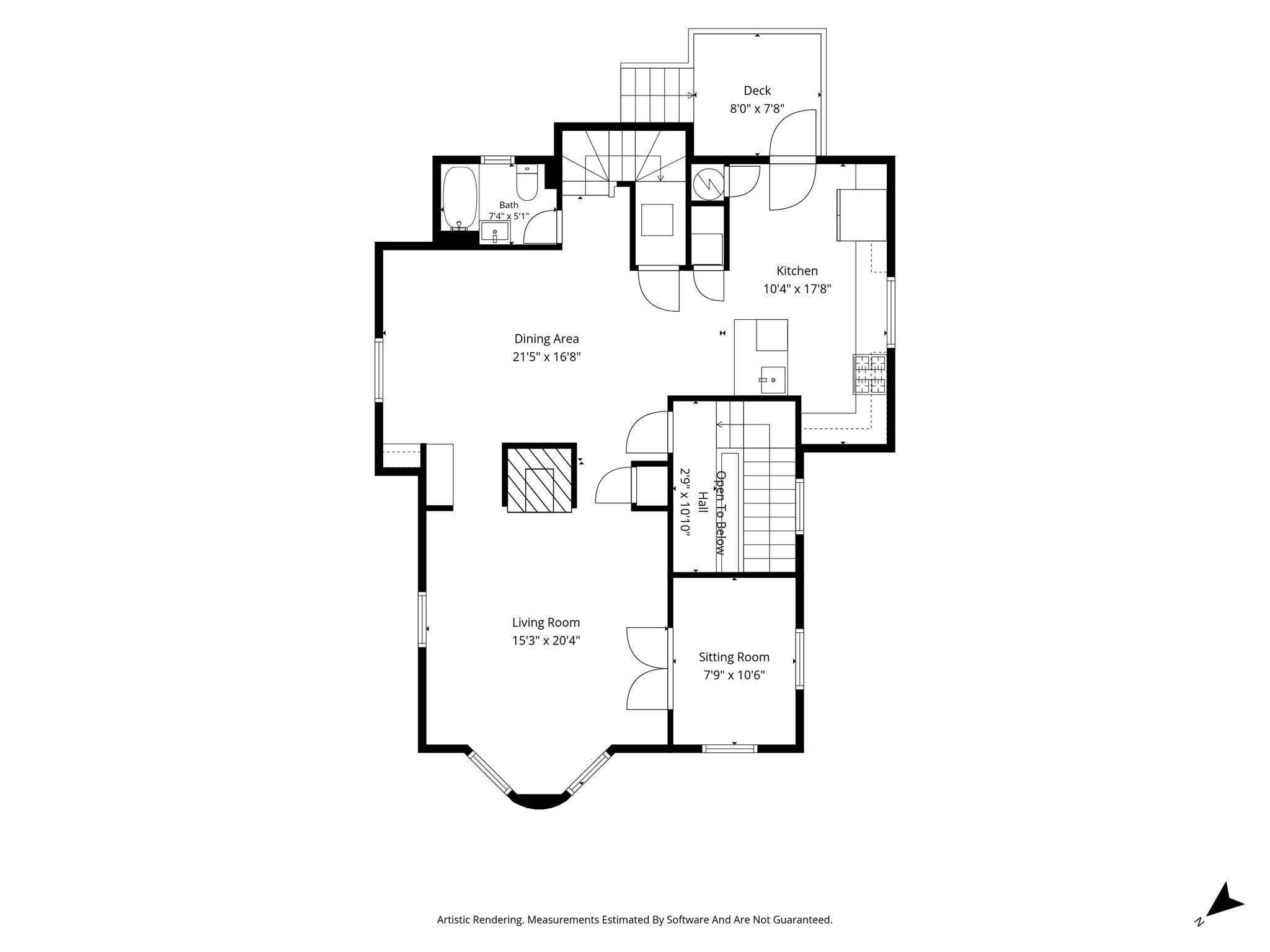 Floor plan showing living room, sitting room, dining area, kitchen, bath, hall, stairs, and deck.