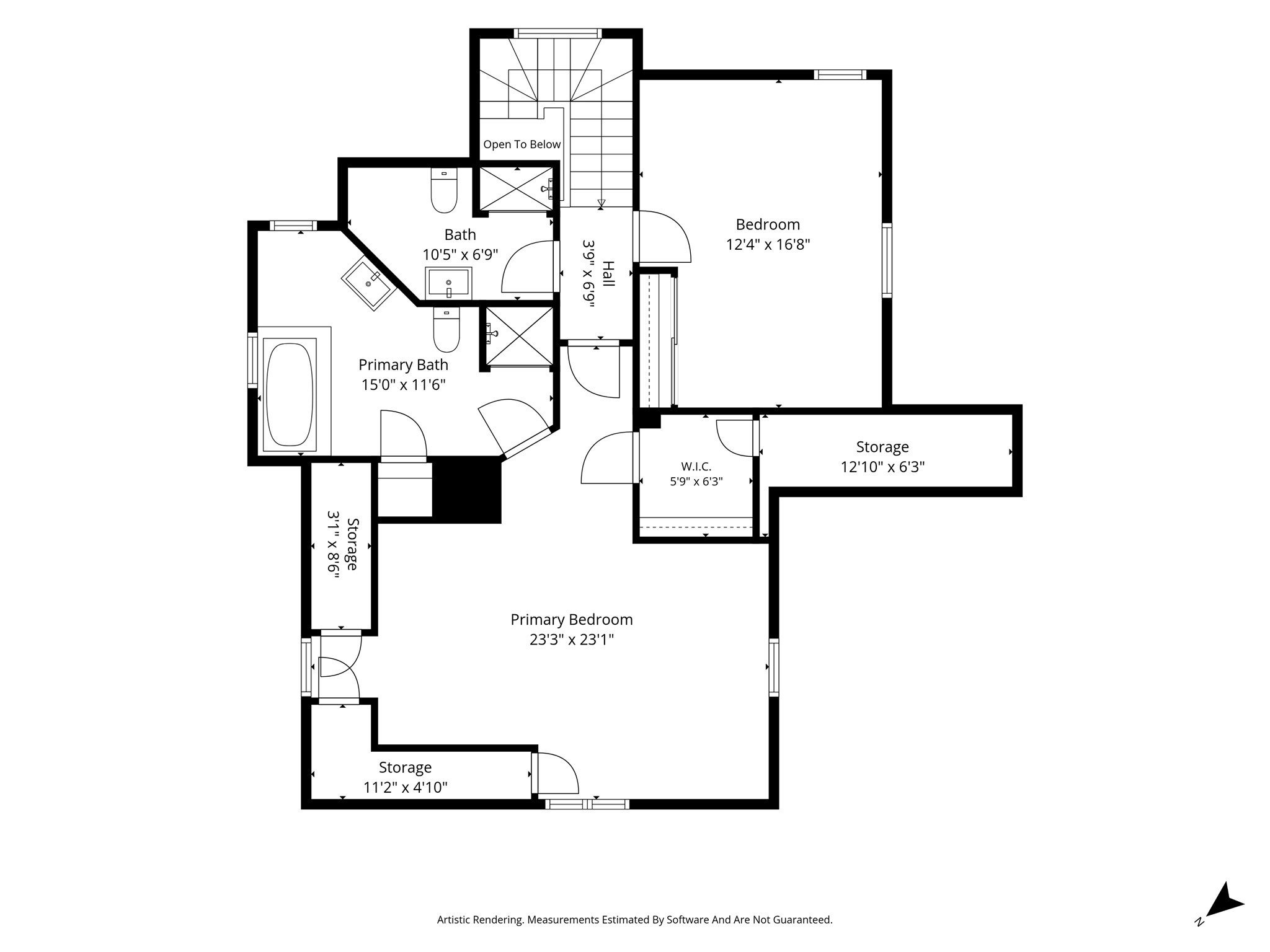 Floor plan showing a primary bedroom, bedroom, two bathrooms, a walk-in closet, and storage areas.