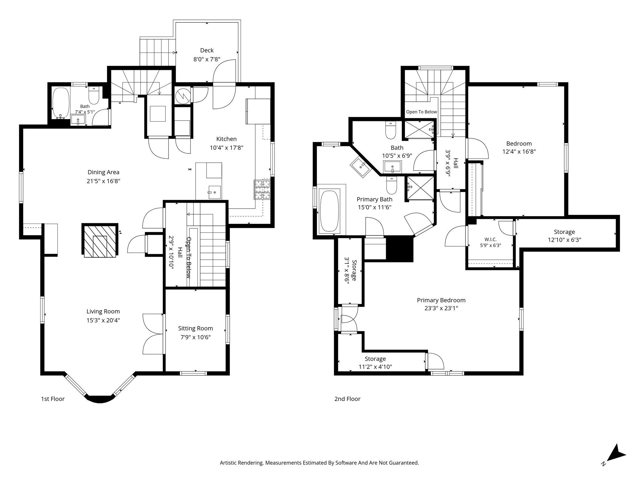 Two-level floor plan showing living spaces on the first floor and bedrooms, bathrooms, and storage on the second.