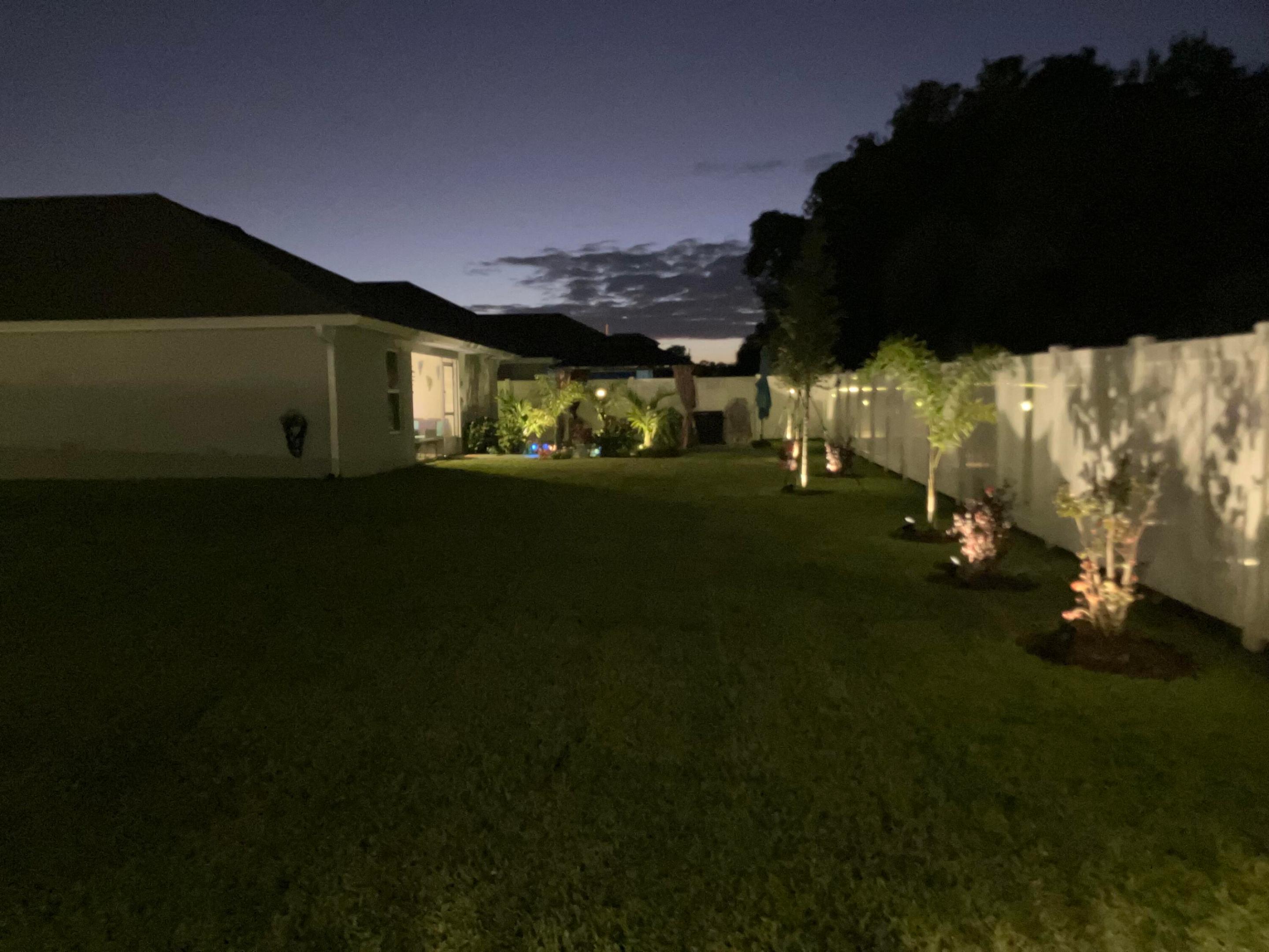 Backyard at night with a wide lawn, white privacy fence, young trees, and landscape lighting.