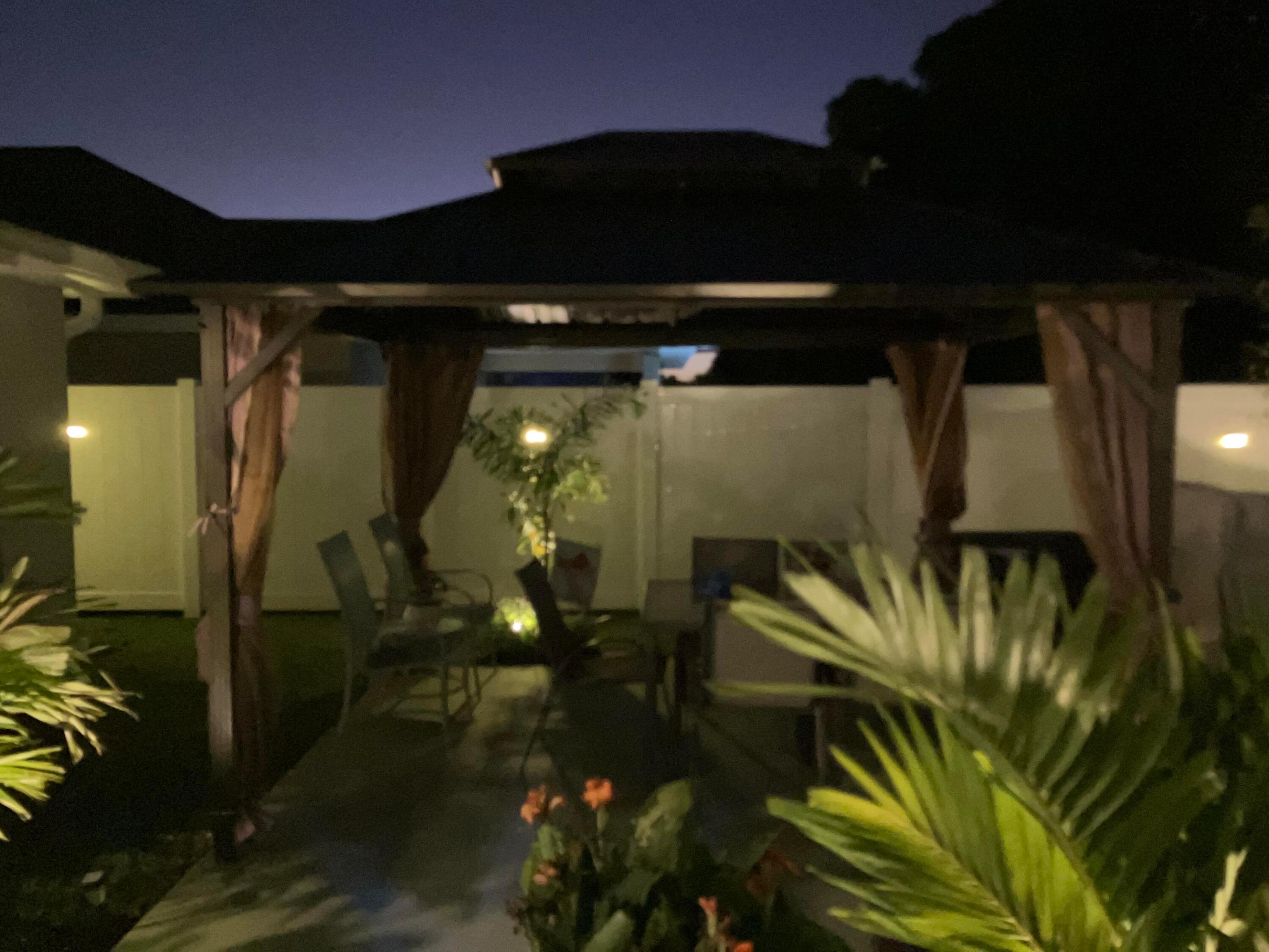 Backyard gazebo patio with curtains, outdoor seating, and tropical plants illuminated at night.