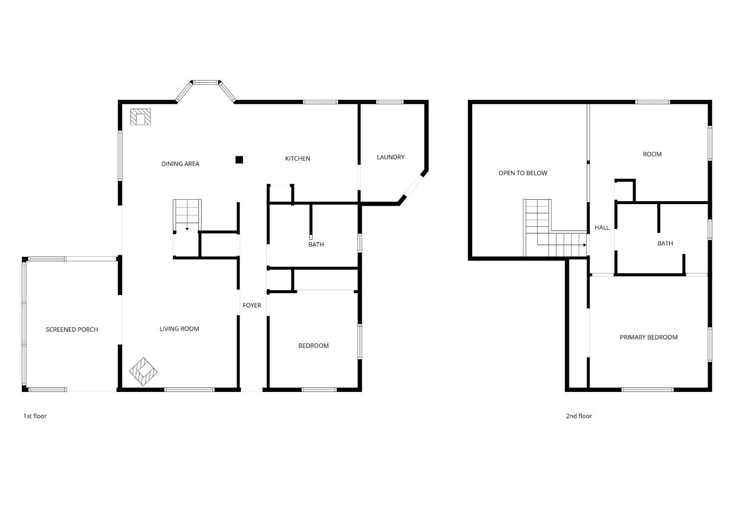 Two-story floor plan with a screened porch, living and dining areas, kitchen, bedrooms, baths, and open-to-below space.