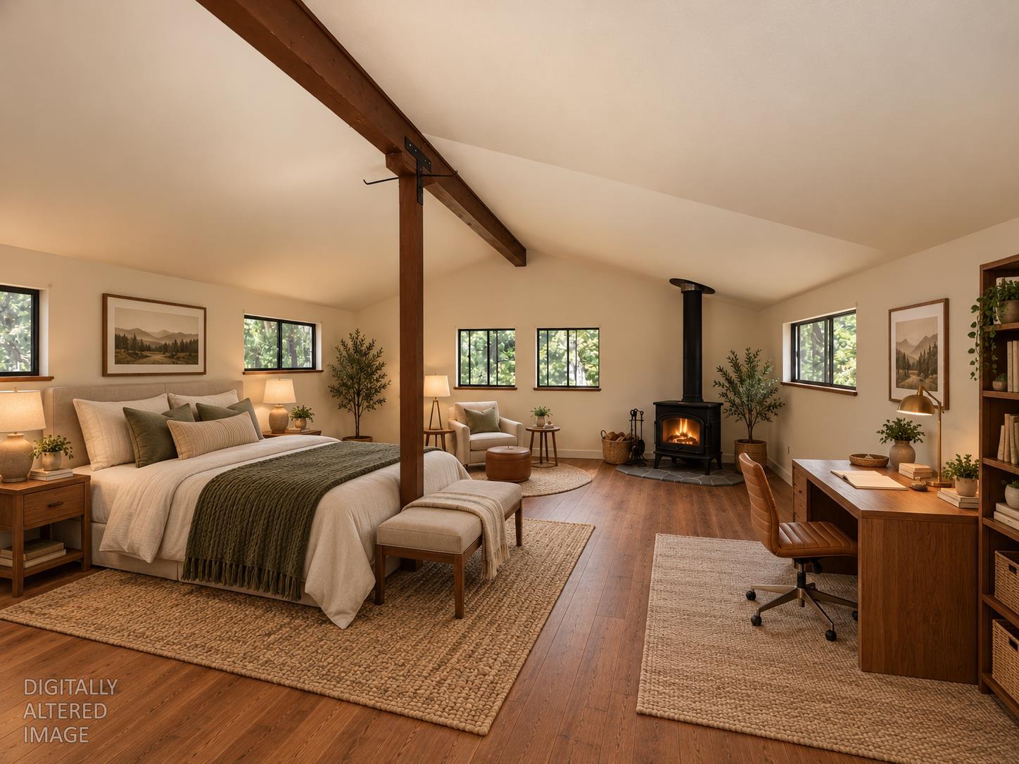 Staged bedroom with an exposed timber beam, wood-burning stove, and desk beside large windows.